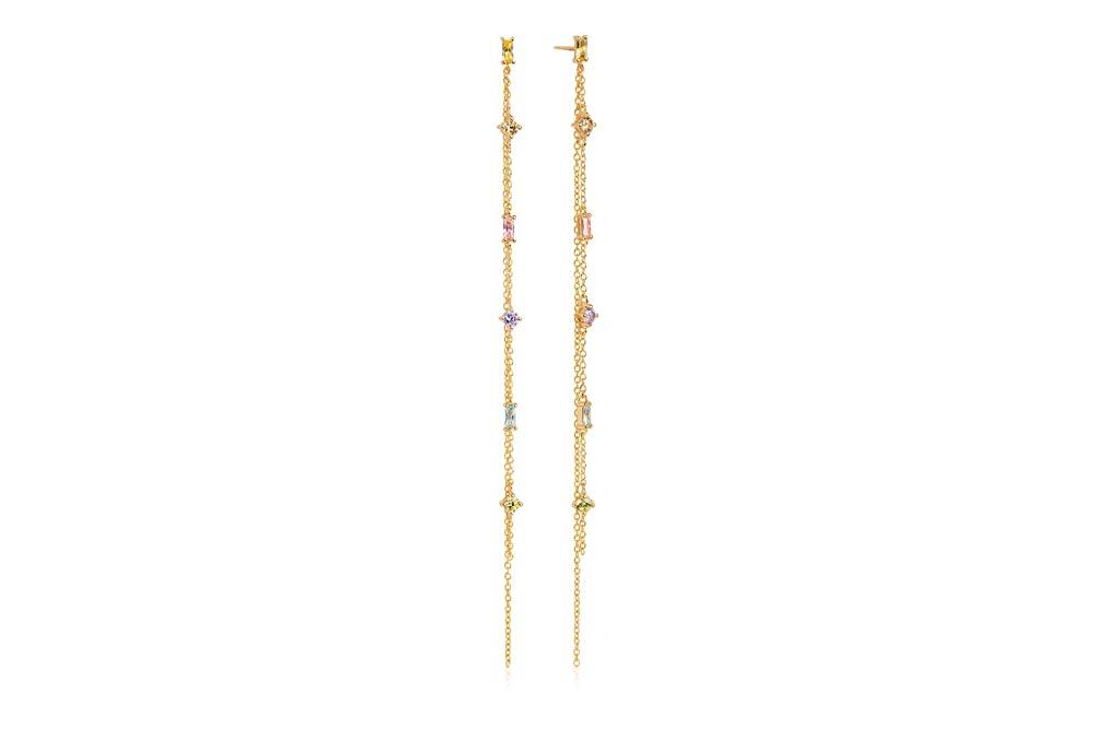 Eyrnalokkar Princess Double Chain - 18k gullhúðaðir með marglituðum sirkonsteinum - Leonard